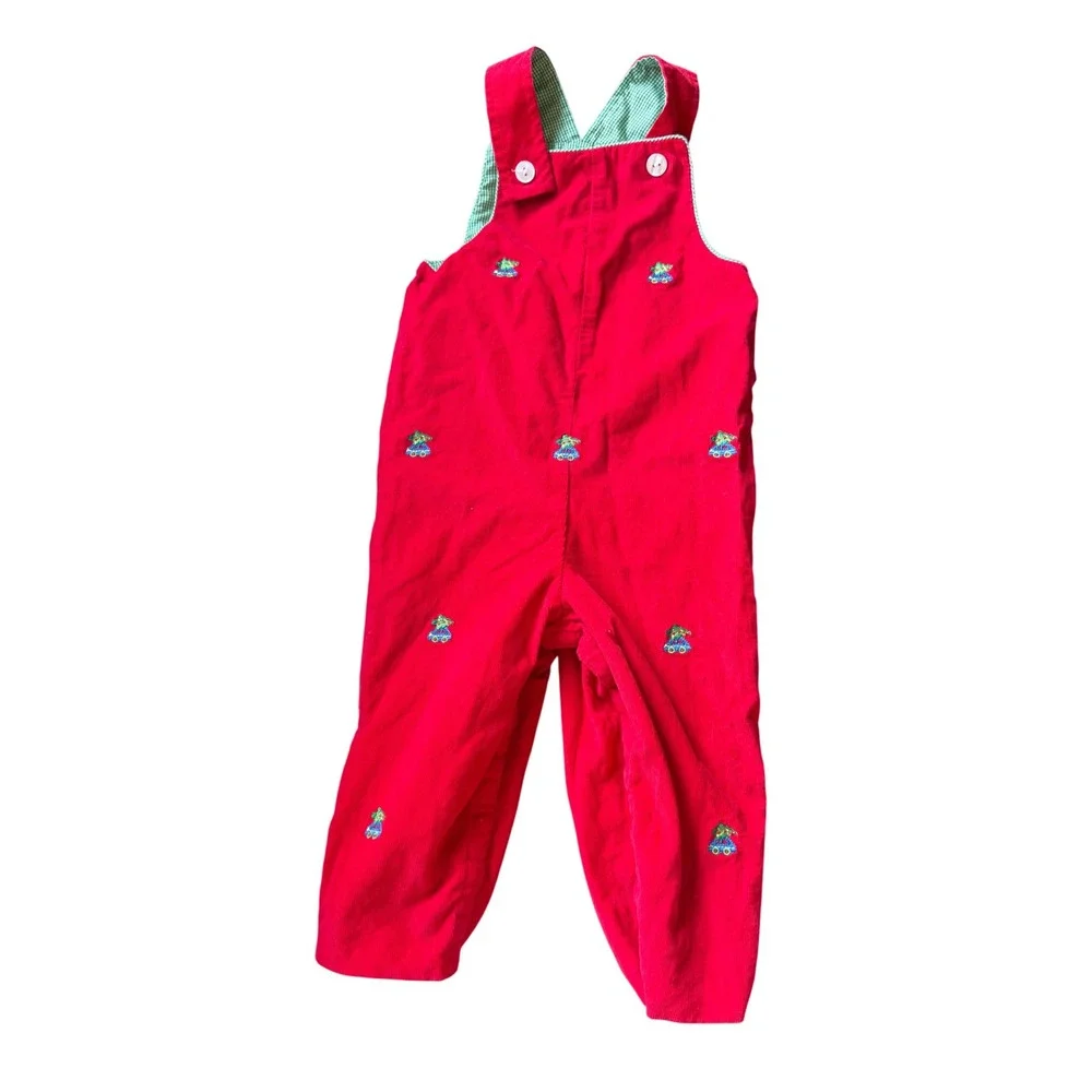 Anavini Red Corduroy Christmas Tree Car Reversible Overalls Green Gingham 24M